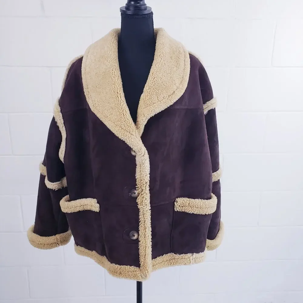 Vintage 80s Vakko Shearling Suede Coat Brown Hipster Coat Jacket Made In Romania - Picture 3 of 9